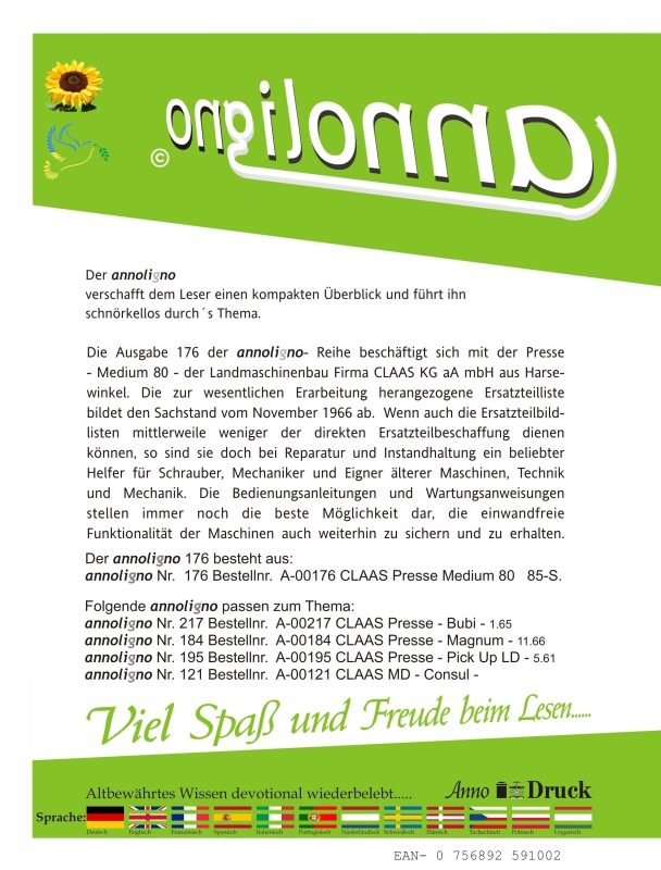 CLAAS Presse Typ Medium 80 Bild- Bedienungsanleitung & Bild- Ersatzteilliste & Explosionszeichnungen  - annoligno 176 -
